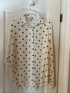 white birch Cream and Black Polka Dot Button-Down Blouse